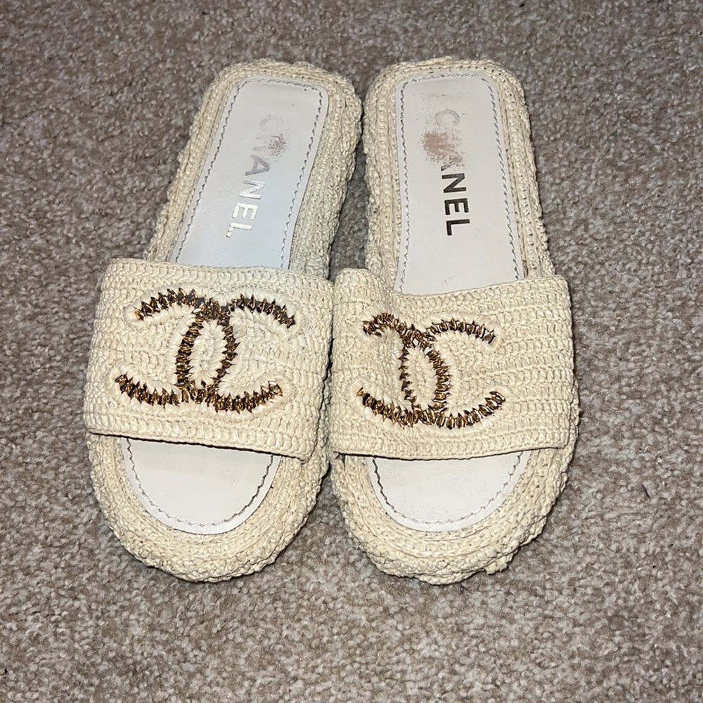 Chanel Logo Raffia Sandals & Slides - Picture 1 of 5